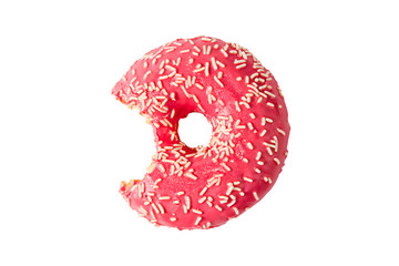 Pink donut with bite missing isolated on white background. Top view.