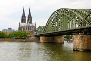 Fototapeta premium Kranhaus modern buildings on the bank of Rhine river, Cologne, Germany, Europe