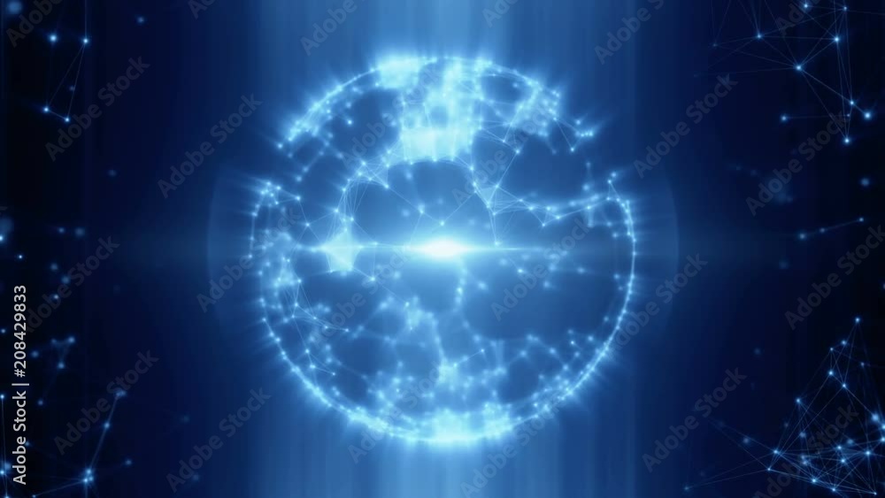 Poster abstract sphere from connected plexus white dots and lines and a pulsating light in center