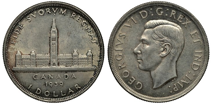 Canada Canadian Silver Coin 1 One Dollar 1939, Royal Visit To Canada, Building With Tower Clock, King George VI Head Right, 