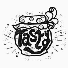 Hand drawn illustration with lettering word TASTY and jam jar