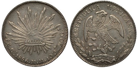 Mexico Mexican silver coin 1 one peso 1886, Phrygian cap with sign Liberty and diverging rays, eagle on cactus catching snake, 