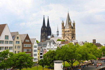 View of Cologne with Cathedral and St. Martin tower church, Cologne, Germany