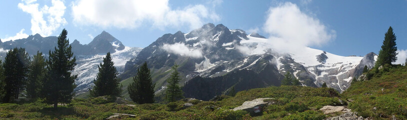 Alpy, Szwajcaria, Tour du Mont Blanc - na trasie z przełęczy Col de la Forclaz na przełęcz Col de Balme, panorama - obrazy, fototapety, plakaty