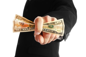 Business man holding money on white background