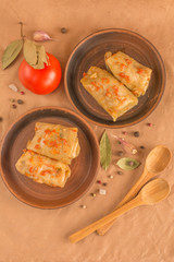 Cabbage roll on clay dish - vegetarian dish. Top view of dolma, sarma, sarmale, golubtsy, golabki. 