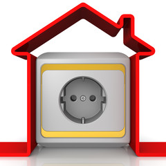 Electrification of the house. Symbol of house with the socket on the white surface. The concept of electrification of houses. 3D Illustration