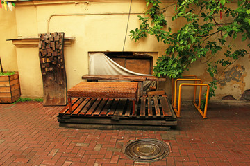 wicker bench in the courtyard