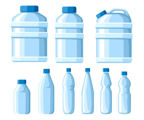 Plastic water bottle set. Healthy agua bottles vector illustration. Clean drink in plastic container. Templates for bottles with water. Vector illustration isolated on white background