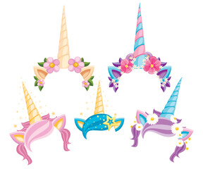 Collection of Unicorn tiaras with flowers and leaf. Vector fashion accessory headband. Vector illustration isolated on white background © Alfmaler