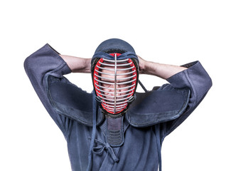 swordsman wearing  protective equipment for head 'men' for Japanese fencing Kendo training