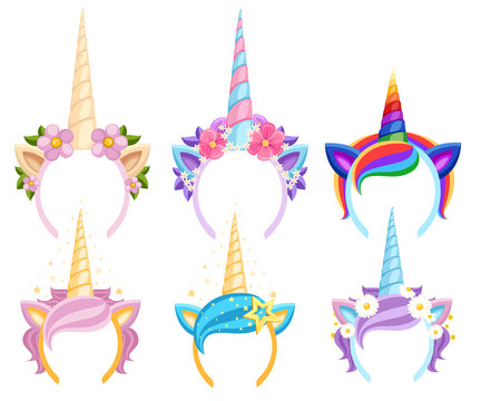 Set Of Unicorn Tiaras With Flowers And Leaf. Vector Fashion Accessory Headband. Head Band With Rainbow Style. Vector Illustration Isolated On White Background