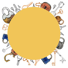 Hand drawn graphic set of stylized keys and locks in orange round frame