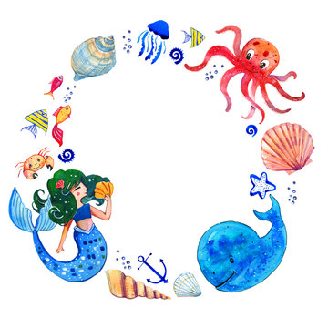 Sealife children watercolor hand drawn stylized isolated round frame with mermaid, whale, octopus, shells and fishes