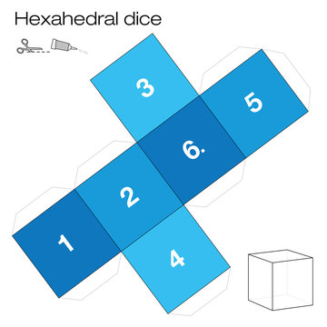 Hexahedron template, hexahedral dice - one of the five platonic solids - make a 3d item with six sides out of the net and play dice. Illustration on white background.