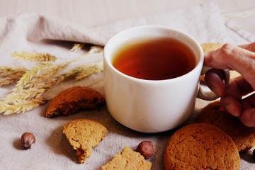 Tea in a cup, oatmeal cookies and nuts on the table