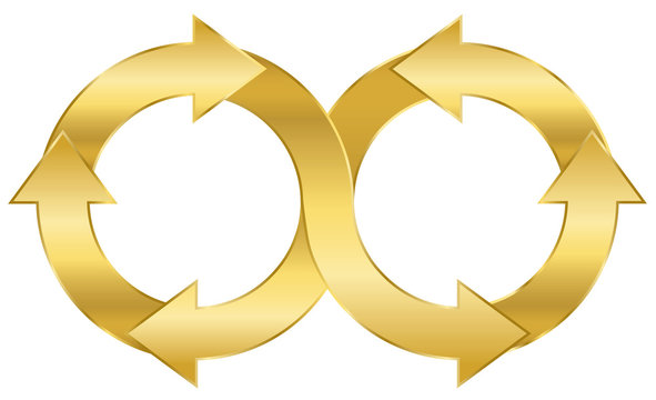 Infinity symbol, golden arrow circuit. Illustration on white background.