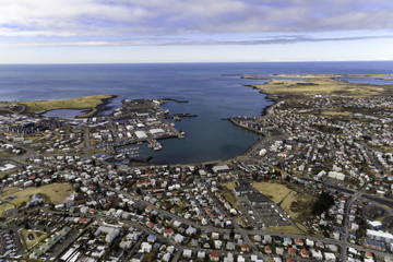 Fototapeta premium Aerial of Hafnarfjordur town in the lava