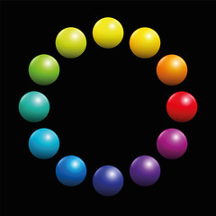 Color spectrum circle formed by twelve rainbow colored balls. Illustration on black background.