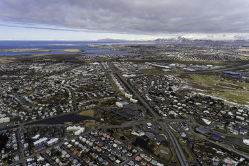 Aerial of Hafnarfjordur and Reykjavik city