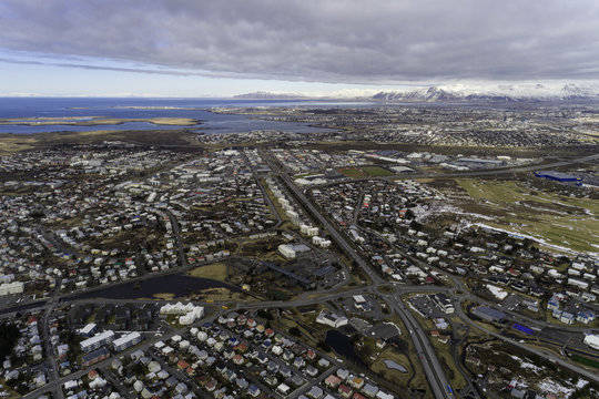 Aerial of Hafnarfjordur and Reykjavik city