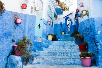 Blue Alley with Flower Pots in Medina, Chefchaouen, Moroco - 208442436