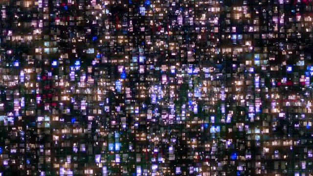 Abstract glitch background, high tech chaos information overload, blinking apartment windows.