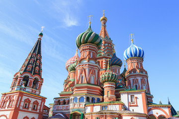 St. Basil's Cathedral on Red square in Moscow on a blue sky background