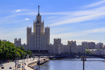Obraz premium Stalinist skyscraper on Kotelnicheskaya embankment in Moscow on a sunny summer morning