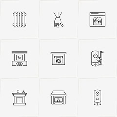 House Climate line icon set with fireplace, humidifier and boiler