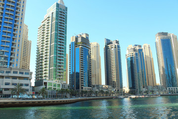 Plakat United Arab Emirates. Dubai Marina Canal. Beautiful panorama of the city. Background. Dubai, Spring, March, 2018.