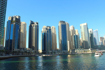 United Arab Emirates. Dubai Marina Canal. Beautiful panorama of the city. Background. Dubai, Spring, March, 2018.