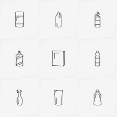 Household Chemicals line icon set with household chemicals and sponge