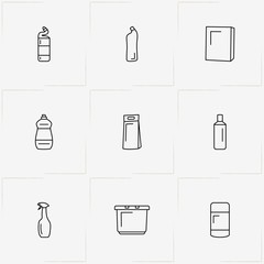 Household Chemicals line icon set with basin, household chemicals and sponge - 208446061