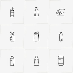 Household Chemicals line icon set with household chemicals and sponge