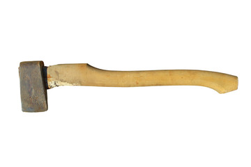 The old ax is a cleaver with a wooden handle. Close-up. Isolated object on white background. Isolate.