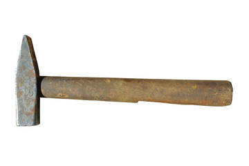 Old dirty hammer with a wooden handle. Close-up. Isolated object on white background. Isolate.