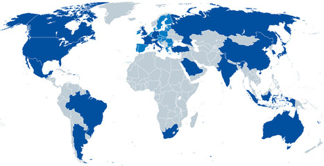 G20, Group of Twenty, map. Forum to discuss the promotion of international financial stability. 19 individual countries, dark blue, and European Union, not individually represented, light blue. Vector