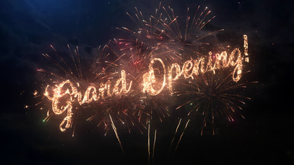 Grand Opening greeting text with particles and sparks on black night sky with colored fireworks on background, beautiful typography magic design.