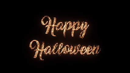 Happy Halloween greeting text with particles and sparks isolated on black background, beautiful...
