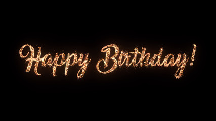 Happy birthday celebration greeting text with particles and sparks isolated on black background,...