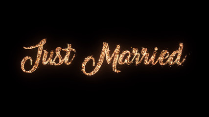 Just Married wedding celebration greeting text with particles and sparks isolated on black background, beautiful typography magic design.