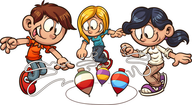 Cartoon kids playing spinning top. Vector clip art illustration with simple gradients. Some elements on separate layers. 