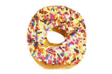 Sweet donut with rainbow candy sprinkles on top (isolated on white background)