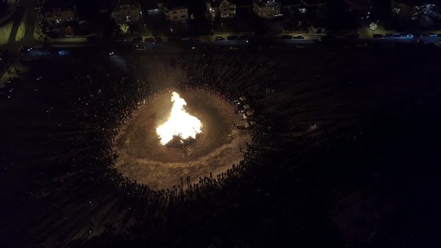 Aerial view of bonfire and celebration in Reykjavik on New years eve 