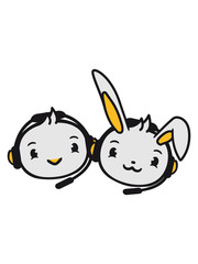 2 freunde team paar hase häschen kaninchen kopf gesicht spielen zocken konsole huhn küken vogel spaß niedlich kopfhörer mikrophon kopf logo design pro gamer headset