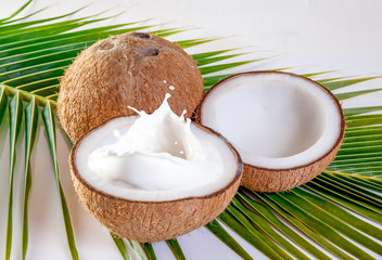 Coconut with milk  on coconut leaf background