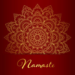 Flyer or brochure template with golden mandala pattern. Yoga classes banner. Hand drawn vector illustration