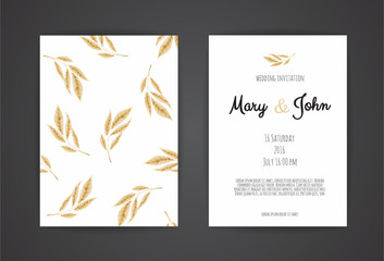 Vintage wedding invitation templates. Cover design with gold leaves ornaments.