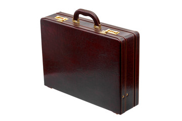 Brown leather suitcase with combination lock and gold locks isolated on white